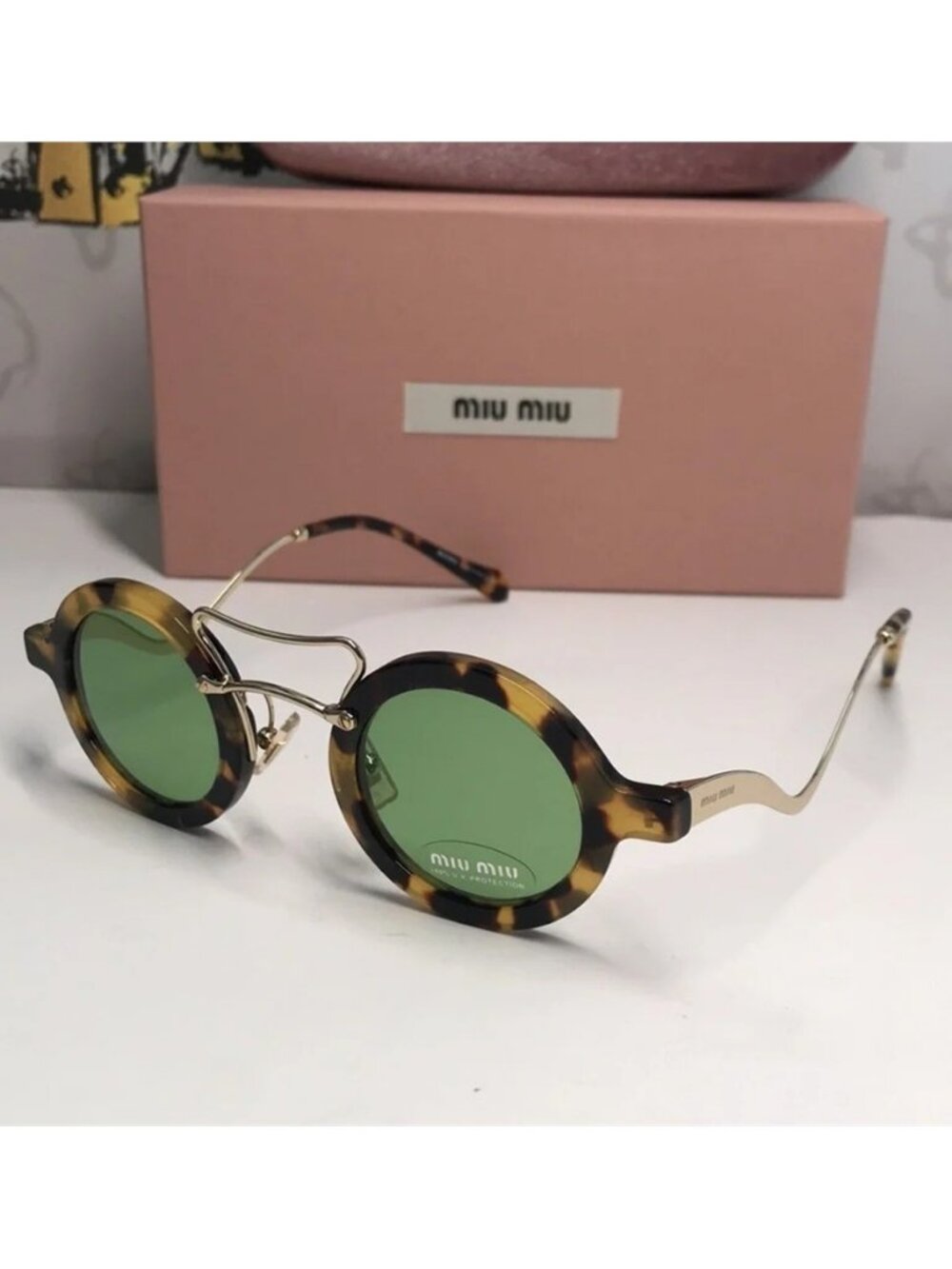 New Authentic Miu Miu Tortoiseshell Sunglasses with Green Lenses MU02V